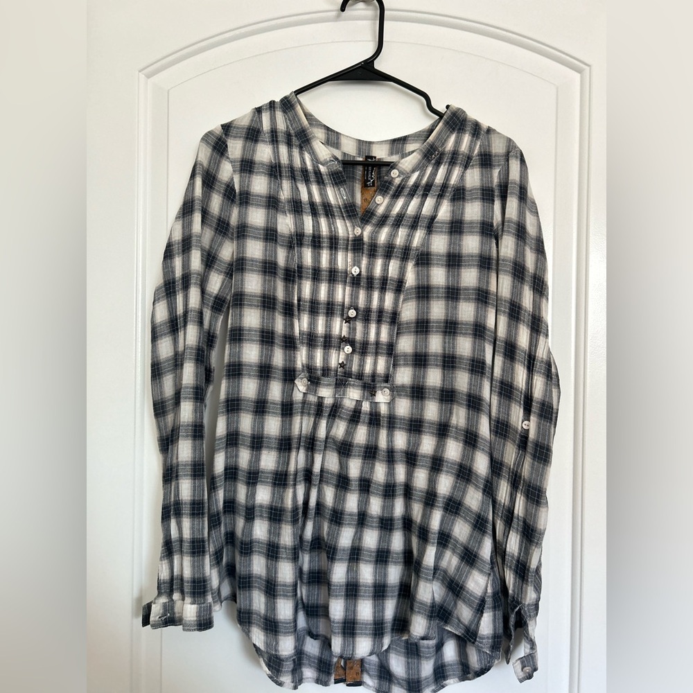 Free People Plaid Babydoll Button-Up Long Sleeve Shirt Size L boho cottagecore - Picture 4 of 11